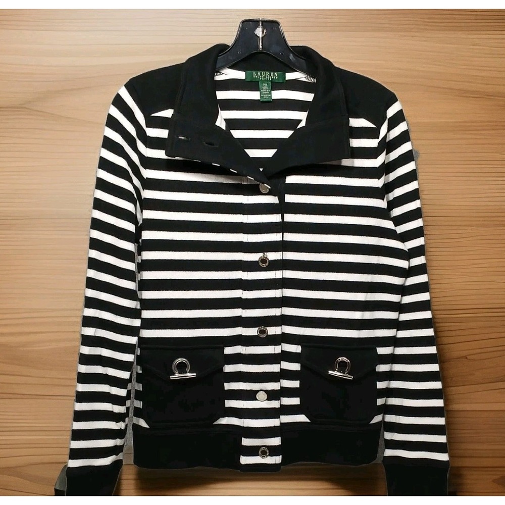 Ralph Lauren Cardigan Sweater‎ Women Medium Black White Nautical  90's Retro Vtg